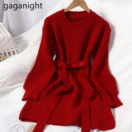 Gaganight Korean Elegant Women Mini Short Dress Sashes Knited High Waist Sweater Long Sleeve Winter Solid Fashion Vestidos Casual Dresses