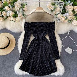 Autumn Winter Fashion Sexy Mesh Stitching Polka Dot Dress Stand-up Collar Folds Slim Slimming Velvet Short C064 210506