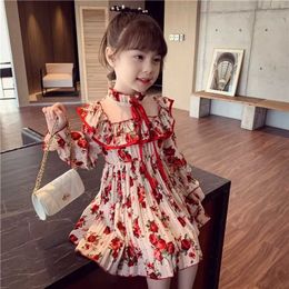 2021 New Long Sleeve Chiffon Dress for Girls Print Lace Collar Princess Dresses Toddler Baby Girl Party Clothes Teenage 6 8 9 10 Q0716