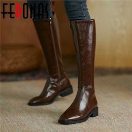 Fashion Winter Safety Boots For Girls Square Toe Thick Heels Shoes Woman Genuine Leather Knee High Wide Leg 210528