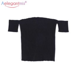 Aelegantmis Black Knitted Sexy Slash Neck Off Shoulder Crop Tops Women Spring Autumn Fashion Ribbed Short Tees Female 210607