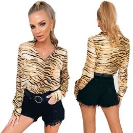 Est Ladies Brown Tiger Strips Lapel Versatile Shirt Long-Sleeve Casual Fashion Women's Blouses & Shirts