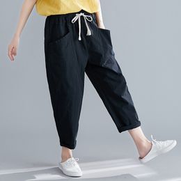 Johnature Summer Women Cotton Linen Harem Pants Leisure Loose Elastic Waist Solid Colour Ankle-length High Waist Pants 210521