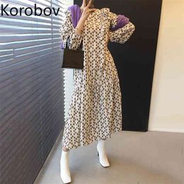 Korobov Korean Puff Sleeve O Neck Frauen Kleid Sommer A-Line Weibliche Kleider Vintage Elegante Plaid Hit Farbe Kleid 210430