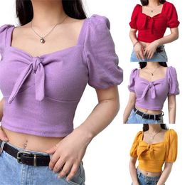 Women T-Shirt Short Puff Sleeve Square Collar Bow Summer Sexy Ladies Elegant Fashion Clothing 210522