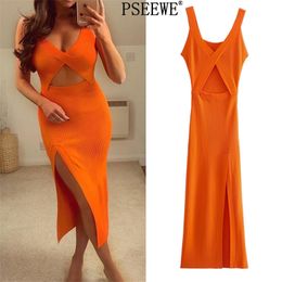 Orange Cut Out Knitted Midi Dress Women Summer V Neck Ribbed Wide Strap Woman Hem Slit Slim Sexy es 210519