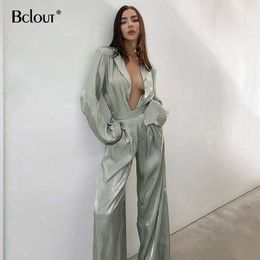 Bclout Green Vintage Two Piece Set Autumn Of Elegant Woman Long Sleeve Top And High Waist Pants 2 Set Female 210930