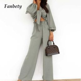 Spring Summer Office Lady Elegant V-Neck Lantern Long Sleeve Tops+Wide Leg Pants Sets Women Sexy Lace-Up Two Piece Sets Outfits Y0625