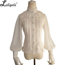 Hot Selling Vintage Women's Chiffon Blouse Sweet Long Lantern Sleeve High Collar Shirt with Lace Detailing 210317