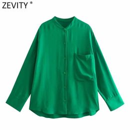 Zevity Women Simply Stand Collar Solid Green Casual Kimono Shirt Female Pocket Patch Blouse Roupas Chic Blusas Tops LS9378 210603