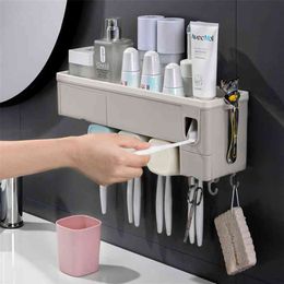 Toothbrush Holder Bathroom Accessories Storage Box Toothpaste Squeezer Dispenser with Cup Automatic Wall-mounted 210423