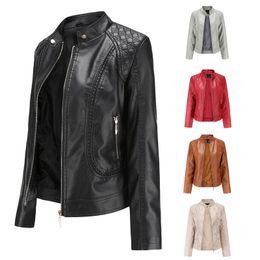 Womens Long Sleeve Faux Leather Stand-Up Collar Zipper Stitching Solid Colours Slim Fit Motorcycle Jacket Outerwear#g3