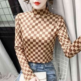 One plus t-shirt semi-high collar bottoming female black and white plaid autumn and winter long sleeves wild warm clothes tide H1230