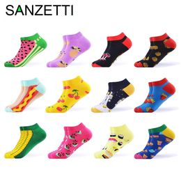SANZETTI 12 Pairs/Lot Women Summer Casual Colourful Ankle Socks Happy Combed Cotton Short Socks Novelty Pattern Boat Gifts Socks 210720