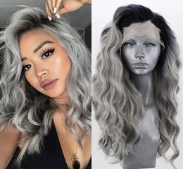 Human Hair Capless Wigs Ombre Grey Lace Front Wig with Dark Roots Heat Resistant Body Wave Synthetic for Black/white Women