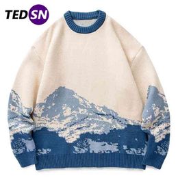 Harajuku Snow Mountain Knitted Sweater Gradient Embroidered Pullovers Hip Hop Streetwear Retro Knit Pullover Winter 210918