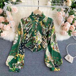 Women's Bohemian Autumn Shirts Pleated Ruffles Slim Elegant Lantern Sleeve Ruffled Collar Printed Tops Female Camisa PL523 210506