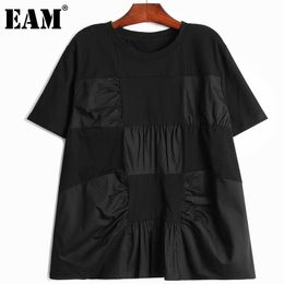 [EAM] Women Black Big Size Ruched Square Patch T-shirt Loose Round Neck Short Sleeve Fashion Summer 1DD6783 210512