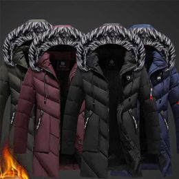 Winter Jackets Men Solid Color Parkas Fur Hooded Long Sleeve Parkas Mens Warm Cotton Hight Quility Coat Jacket Slim Fit Overcoat 211110