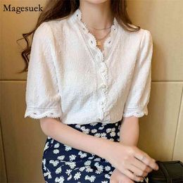 Spring Summer Women's Shirt Tops Short Sleeve V Neck Puff Blouses Female Casual Lace White Blouse Femme Blusas 10051 210512