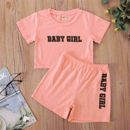 Summer Children Sets Short Sleeve O Neck Pink T-shirt Side Letter Elastic Bands Shorts Cute 2Pcs Girl Clothes 1-8T 210629