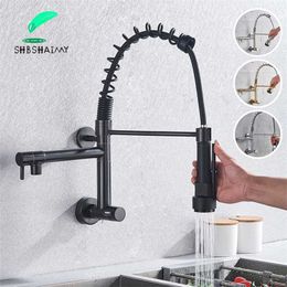 SHBSHAIMY Spring ORB Black Kitchen Faucet Pull Down Chrome Single Cold Wall Mounted Kitchen Taps Dual Function Sprayer Taps 211108