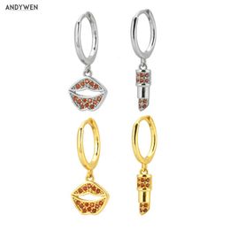 ANDYWEN 925 Sterling Silver Rock Punk Red Zircon CZ Piercing Drop Earring Kiss Lipstick Circle Special Luxury Ohrringe Jewellery 210608