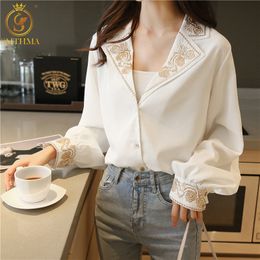 Vintage Blouses Elegant V-Neck Flower Embroidery Korean Chic Shirt Women Single-Breasted Loose Tops 210520