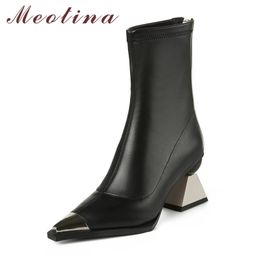 Meotina Metal Decoration Genuine Leather High Heel Mid Calf Boots Women Shoes Pointed Toe Zip Strange Style Heels Boots Lady 40 210520