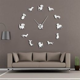 DIY Dachshund Wall Art Wiener-Dog Puppy Dog Pet Frameless Giant Wall Clock With Mirror Effect Sausage Dog Large Clock Wall Watch 210325