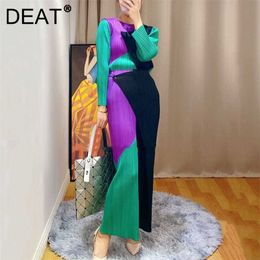 DEAT Woman Pleated Wide Leg Pants Hit Color Patchwork One Button Elastic Waist Nine Length Casual Style Autumn 15XF813 211112