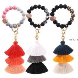 NEWFavor Silicone Beads Bracelet Keychain Three Layer Cotton Tassel Wrist Keyring Wooden Bead Bangle Key Ring Women Bag Pendant RRF13719