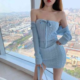 Matching Sets Sexy Tight Temperament Halter Knitted Dress Women Mini + Long Sleeve Top Fashion Blue White Elegant Chic 210429