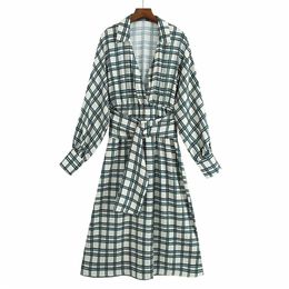 Summer Women Plaid Vintage Dress V-Neck Long Sleeve Sashes Bow Tie es Female Elegant Midi Clothes vestidos 210513