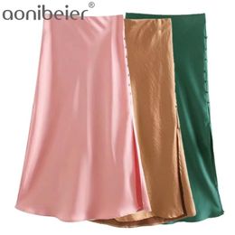 Green Pink Satin Midi Skirt Summer Fashion Buttons Split Side Women Casual High Waist A-Line Female Bottoms 210604