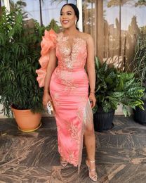 2022 Slit Prom Dresses Long Sleeves Extra Puffy Organza Lace Tassels Aso Ebi Pink Evening Gowns Ankle Length Plus Size