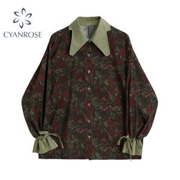 Autumn Vintage Style Floral Printing Loose Women's Blouse Shirt Korean Casual Long Sleeve Ladies Button Blouses Female Tops 210323