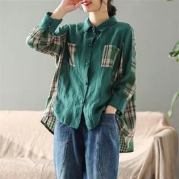 Arrival Spring/autumn Arts Style Women Loose Casual Long Sleeve Turn-down Collar Blouse Cotton Plaid Patchwork Shirt W34 210512