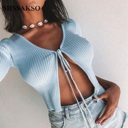 Missakso Sexy Summer Crop Top Lace Up Tank Long Sleeve Shirt Ribbed V-Neck Women Knitted Solid Lady Open Front Tops 210625
