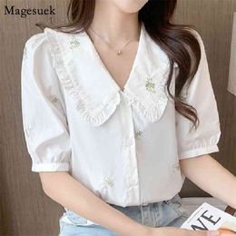 Chic Embroidered Puff Sleeve Women's Blouse Summer Turn-down Collar Button Shirts Female Vintage Elegant White Tops 14604 210512