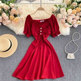 Women Fashion Sexy Draw Rope Fold Sweet Fungus V-neck Slim Short Sleeve Mini A-line Dress Summer Solid Color Vestidos S182 210527