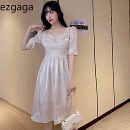 Ezgaga Elegant Square Collar Midi Dress Women Short Sleeve Summer Korean Fashion Solid Bandage Loose Temperament Party Dress 210430