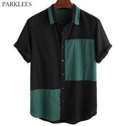 Hit Color Patchwork Mens Linen Shirt Casual Summer Mens Short Sleeve Shirts Button Up Loose Shirt for Men Camisas Hombre 210524