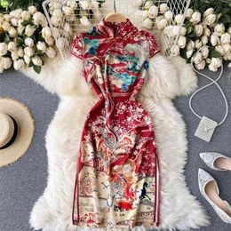 Lady Fashion Cheongsam Modified Dress Women's Spring Summer Stand Neck Short Sleeve Print Slim Fit Vestidos Q971 210527