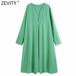 Zevity Women Fashion V neck Long Sleeve Green Color Midi Dress Female Chic Loose Vestido Straight Kimono Dresses DS8282 210603