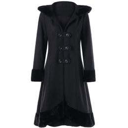 Christmas Halloween Black Gothic Hooded Overcoat Autumn Winter Women Coat Female Mid-Long Double Breasted Slim Woollen Coats 211104