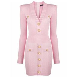 HarleyFashion New Autumn Designing Luxurious Long Sleeve V-neck 4 Colours Sheath Casual Knitted Mini Dress Y1006