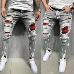 Brand New Mens Slim Ripped Vintage Patch Jeans Stretch Tapered Leg Long Skinny Pencil Denim Pants for Casual and Street Shoot X0621