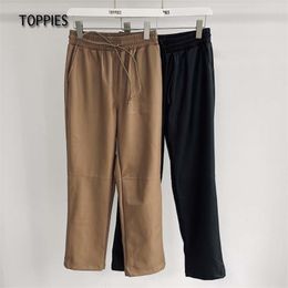 Toppies Winter Fleece Pu Leather Pants Women High Waist Straight Pants solid Colour spliced trousers streetwear 211216