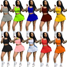 wholesale summer Pleated skirt two piece dress mini sexy tank top + skirts bodycon suit Party Evening Dresses casual print sport minidress womens clothing klw7007